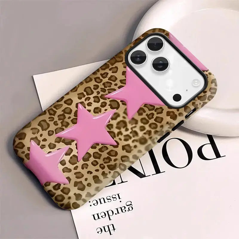 Leopard Print, Pink Stars, Suitable for Iphone17 Pro Max, 17Pro, 16Pro, 15, 14, 13, 12. Beautiful Phone Case | Shockproof Protective Case | Smart Phone Case, a Gift for Girls