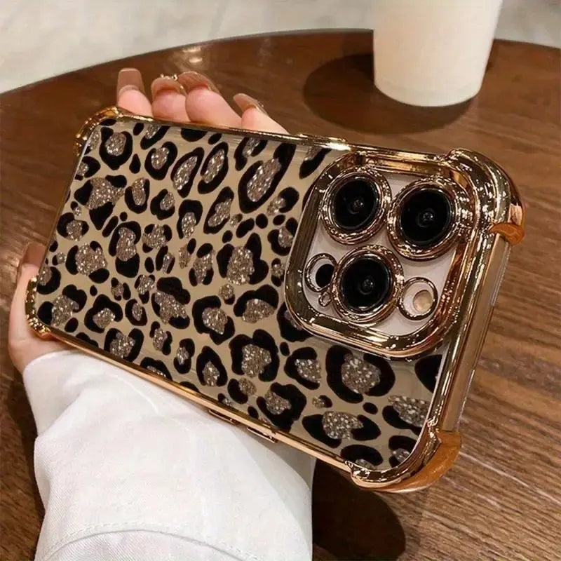 Leopard Print Electroplated Phone Case for Iphone.Compatible with Iphone 17 Pro Max, 17 Air, 16 15 Plus, 14, 13, 12, 11, the Back Panel Features a High-Gloss Finish with Vibrant Colors. Lotus Design