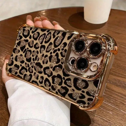 Leopard Print Electroplated Phone Case for Iphone.Compatible with Iphone 17 Pro Max, 17 Air, 16 15 Plus, 14, 13, 12, 11, the Back Panel Features a High-Gloss Finish with Vibrant Colors. Lotus Design