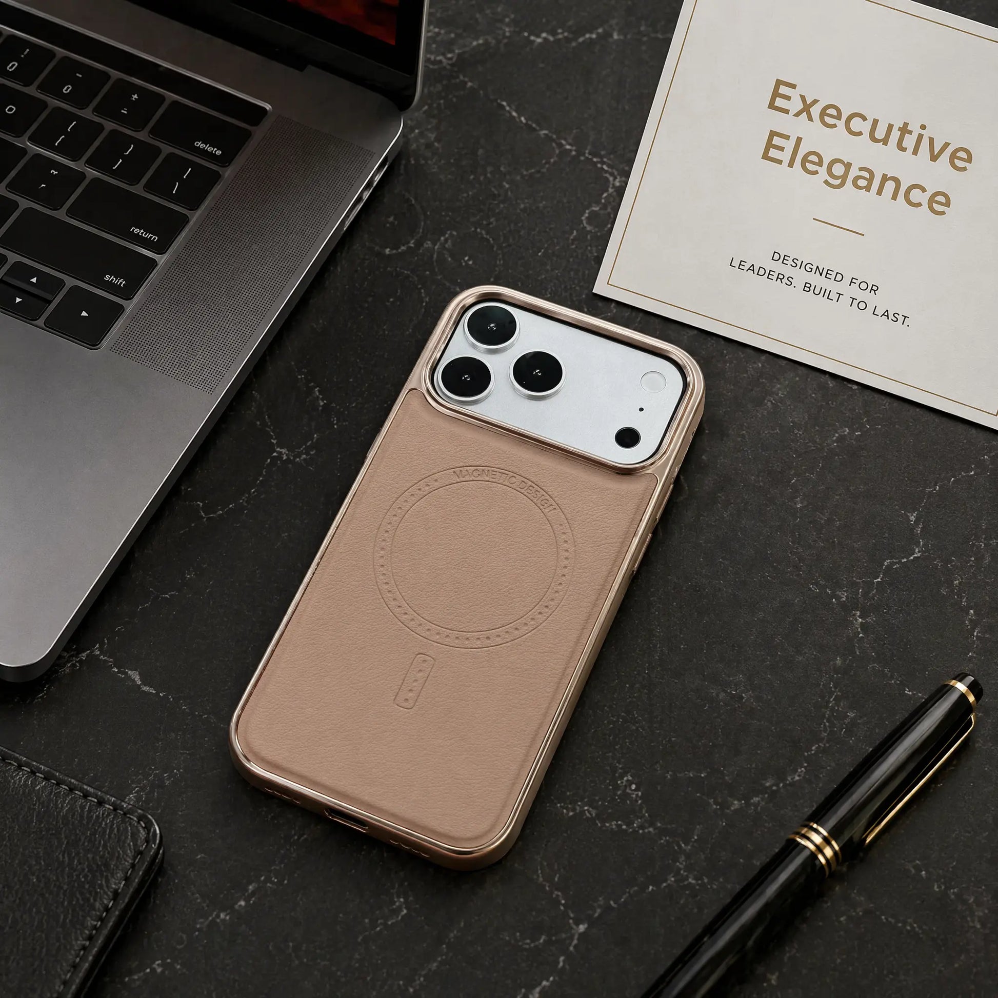 Compatible with Phone 17/16/15 Pro Max Magnetic Leather Case, Premium PU Leather Slim Protective Cover with Strong Magnetic Lock, Shockproof Camera Protection, Anti-Fingerprint, Wireless Charging Compatible, Desert Brown