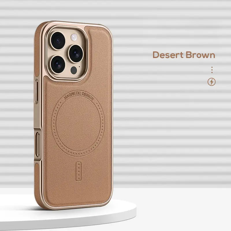 Compatible with Phone 17/16/15 Pro Max Magnetic Leather Case, Premium PU Leather Slim Protective Cover with Strong Magnetic Lock, Shockproof Camera Protection, Anti-Fingerprint, Wireless Charging Compatible, Desert Brown