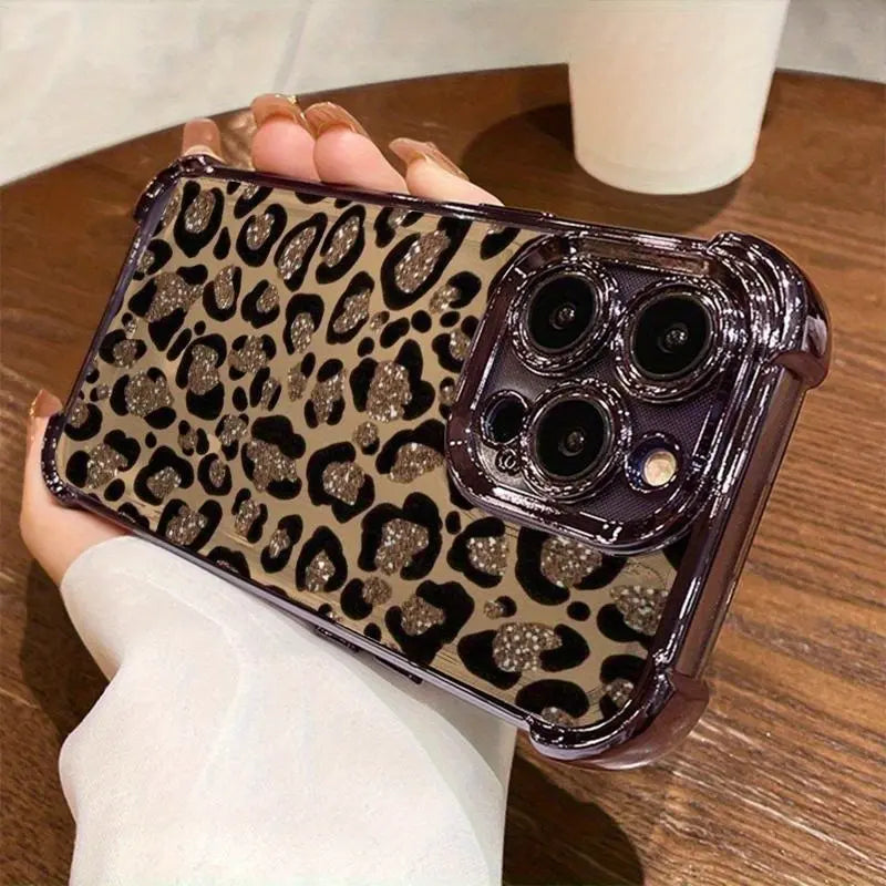 Leopard Print Electroplated Phone Case for Iphone.Compatible with Iphone 17 Pro Max, 17 Air, 16 15 Plus, 14, 13, 12, 11, the Back Panel Features a High-Gloss Finish with Vibrant Colors. Lotus Design