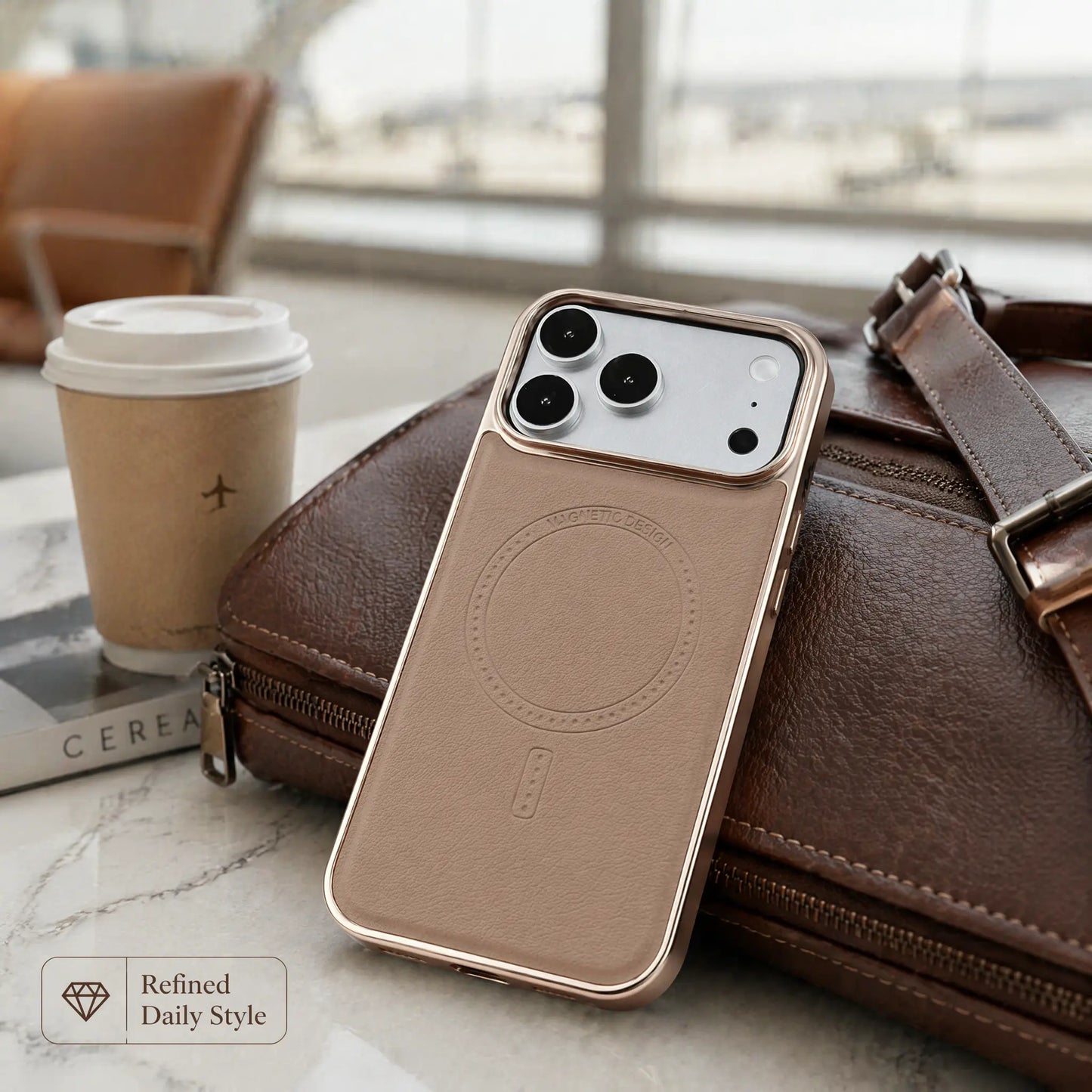 Compatible with Phone 17/16/15 Pro Max Magnetic Leather Case, Premium PU Leather Slim Protective Cover with Strong Magnetic Lock, Shockproof Camera Protection, Anti-Fingerprint, Wireless Charging Compatible, Desert Brown