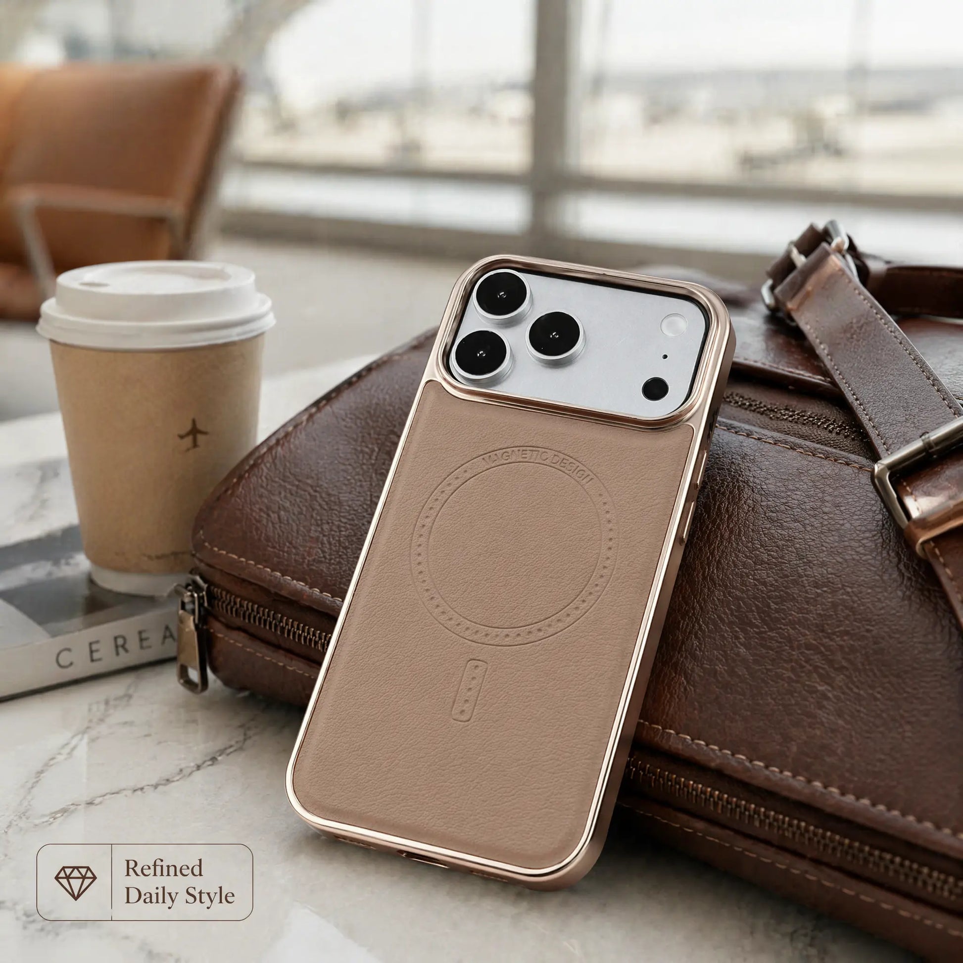 Compatible with Phone 17/16/15 Pro Max Magnetic Leather Case, Premium PU Leather Slim Protective Cover with Strong Magnetic Lock, Shockproof Camera Protection, Anti-Fingerprint, Wireless Charging Compatible, Desert Brown