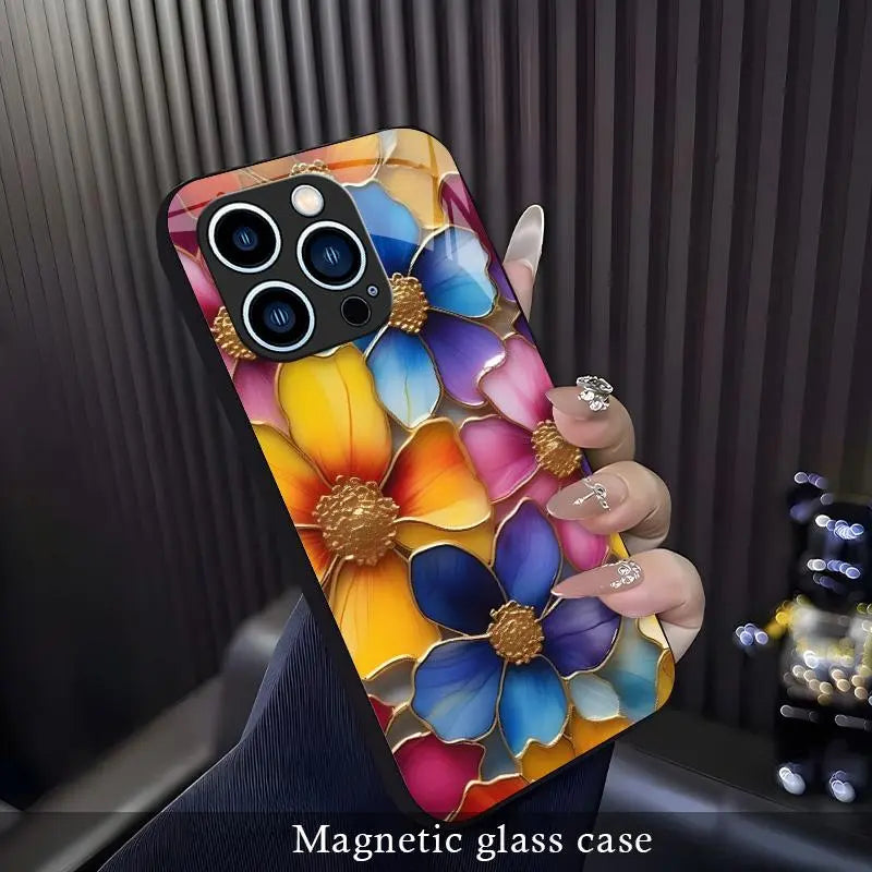 Luxury Stained Glass Floral Magnetic Phone Case for Iphone 17/16/15/14/13/12 (Pro/Max/Plus) | Aesthetic Flower Shockproof Clear Cover Compatible with Magsafe — 975