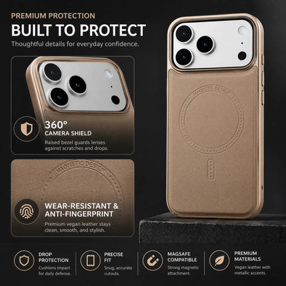 Compatible with Phone 17/16/15 Pro Max Magnetic Leather Case, Premium PU Leather Slim Protective Cover with Strong Magnetic Lock, Shockproof Camera Protection, Anti-Fingerprint, Wireless Charging Compatible, Desert Brown