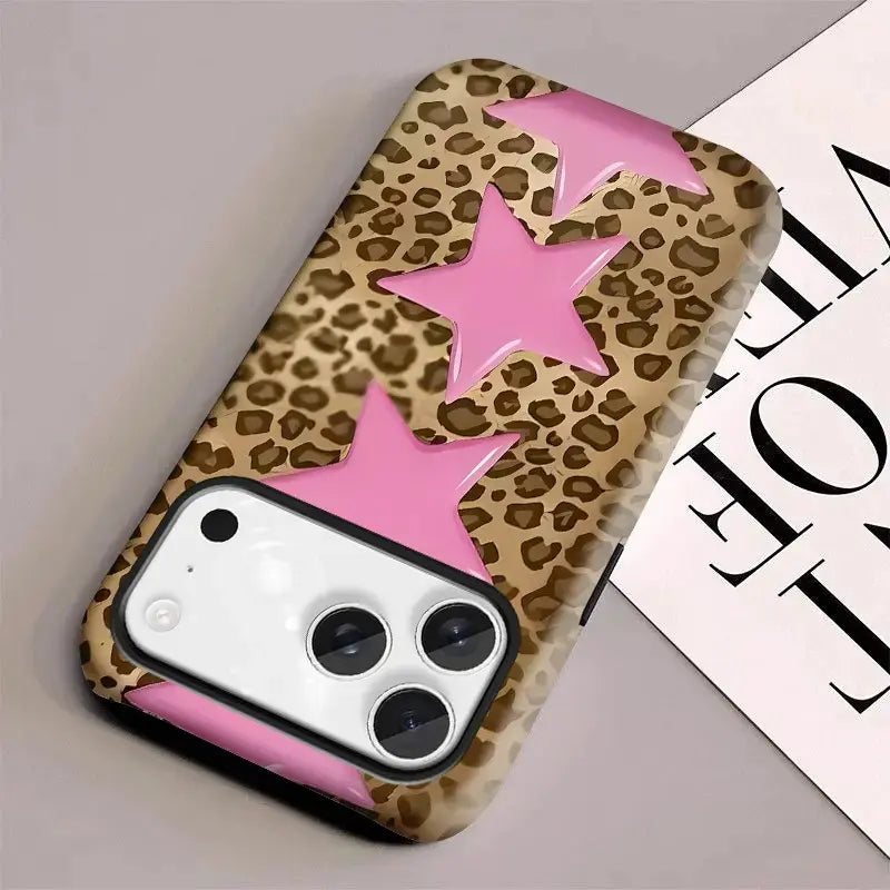 Leopard Print, Pink Stars, Suitable for Iphone17 Pro Max, 17Pro, 16Pro, 15, 14, 13, 12. Beautiful Phone Case | Shockproof Protective Case | Smart Phone Case, a Gift for Girls