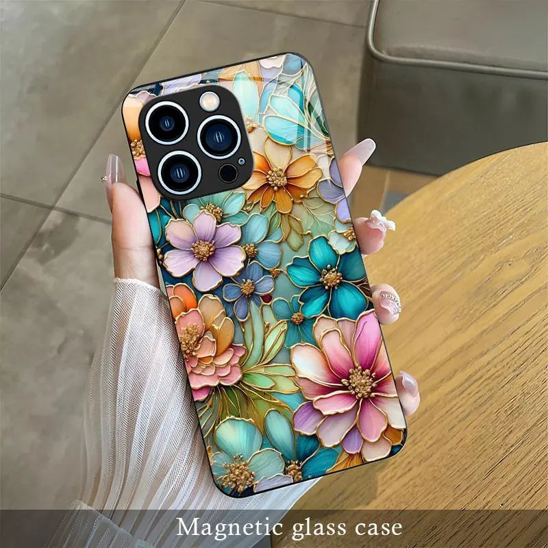 Luxury Stained Glass Floral Magnetic Phone Case for Iphone 17/16/15/14/13/12 (Pro/Max/Plus) | Aesthetic Flower Shockproof Clear Cover Compatible with Magsafe — 975