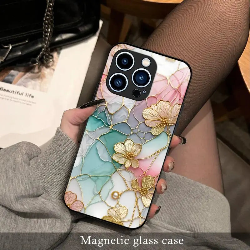Luxury Stained Glass Floral Magnetic Phone Case for Iphone 17/16/15/14/13/12 (Pro/Max/Plus) | Aesthetic Flower Shockproof Clear Cover Compatible with Magsafe — 975