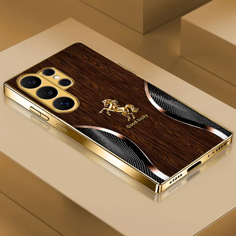 Phone Case - Wooden Background with Curved Golden Horse, Aesthetic High-End Personalized Pattern Plated Glass Phone Case for Samsung Galaxy S26/S25/S24/S23 a Series and Iphone 17/16/15/14/13/12/11, Fashionable Aesthetic 995