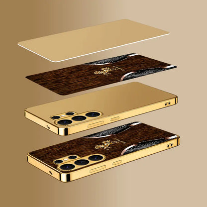 Phone Case - Wooden Background with Curved Golden Horse, Aesthetic High-End Personalized Pattern Plated Glass Phone Case for Samsung Galaxy S26/S25/S24/S23 a Series and Iphone 17/16/15/14/13/12/11, Fashionable Aesthetic 995
