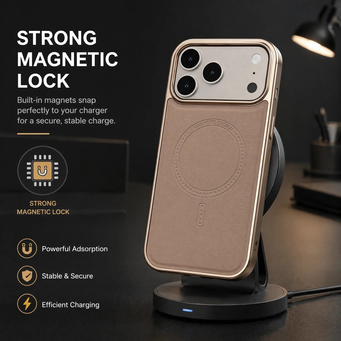 Compatible with Phone 17/16/15 Pro Max Magnetic Leather Case, Premium PU Leather Slim Protective Cover with Strong Magnetic Lock, Shockproof Camera Protection, Anti-Fingerprint, Wireless Charging Compatible, Desert Brown