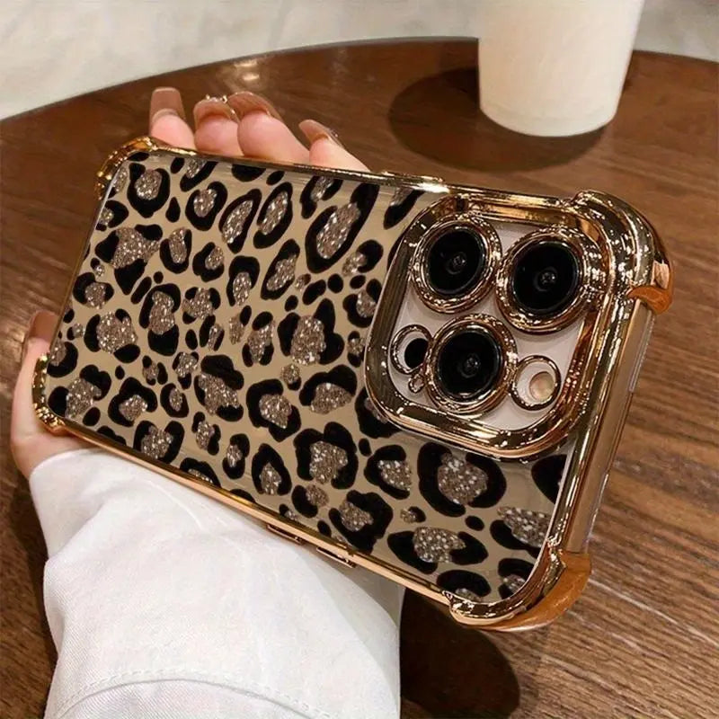 Leopard Print Electroplated Phone Case for Iphone.Compatible with Iphone 17 Pro Max, 17 Air, 16 15 Plus, 14, 13, 12, 11, the Back Panel Features a High-Gloss Finish with Vibrant Colors. Lotus Design