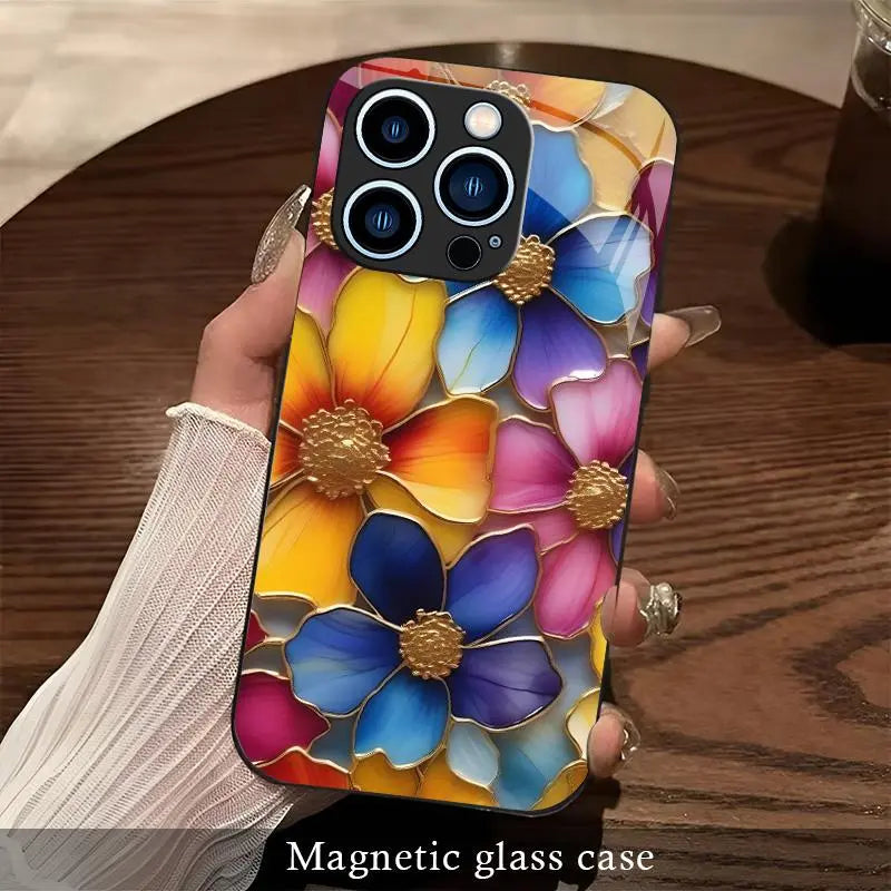 Luxury Stained Glass Floral Magnetic Phone Case for Iphone 17/16/15/14/13/12 (Pro/Max/Plus) | Aesthetic Flower Shockproof Clear Cover Compatible with Magsafe — 975