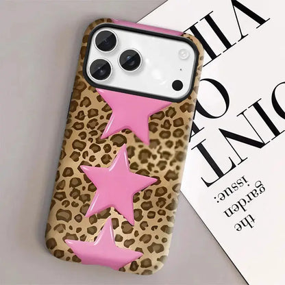 Leopard Print, Pink Stars, Suitable for Iphone17 Pro Max, 17Pro, 16Pro, 15, 14, 13, 12. Beautiful Phone Case | Shockproof Protective Case | Smart Phone Case, a Gift for Girls