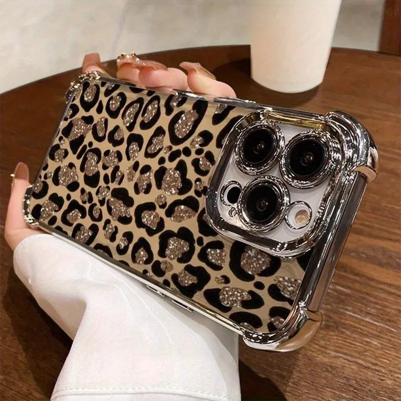 Leopard Print Electroplated Phone Case for Iphone.Compatible with Iphone 17 Pro Max, 17 Air, 16 15 Plus, 14, 13, 12, 11, the Back Panel Features a High-Gloss Finish with Vibrant Colors. Lotus Design