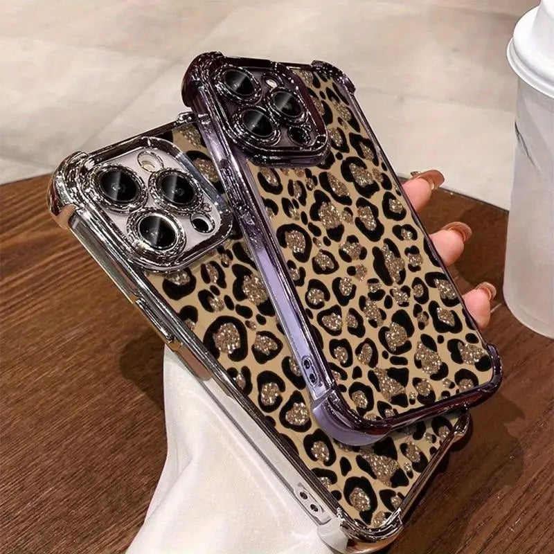 Leopard Print Electroplated Phone Case for Iphone.Compatible with Iphone 17 Pro Max, 17 Air, 16 15 Plus, 14, 13, 12, 11, the Back Panel Features a High-Gloss Finish with Vibrant Colors. Lotus Design