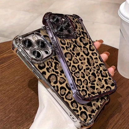 Leopard Print Electroplated Phone Case for Iphone.Compatible with Iphone 17 Pro Max, 17 Air, 16 15 Plus, 14, 13, 12, 11, the Back Panel Features a High-Gloss Finish with Vibrant Colors. Lotus Design