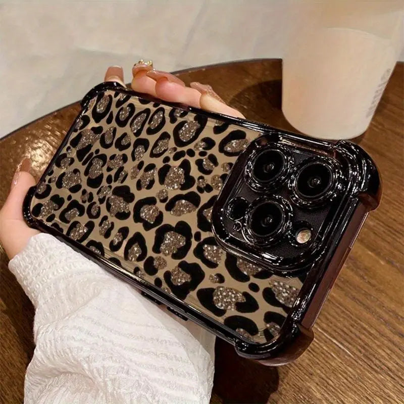 Leopard Print Electroplated Phone Case for Iphone.Compatible with Iphone 17 Pro Max, 17 Air, 16 15 Plus, 14, 13, 12, 11, the Back Panel Features a High-Gloss Finish with Vibrant Colors. Lotus Design