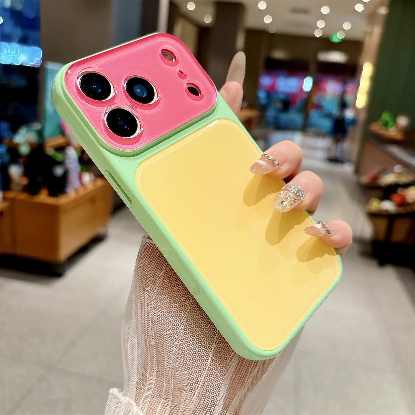 Summer Dopamine Color Block Contrast Phone Case, Crystal Camera Lens Frame Protective Anti-Scratch Cover Compatible with Iphone 17/16/15/14 Pro Pro Max