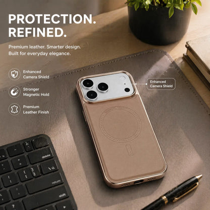 Compatible with Phone 17/16/15 Pro Max Magnetic Leather Case, Premium PU Leather Slim Protective Cover with Strong Magnetic Lock, Shockproof Camera Protection, Anti-Fingerprint, Wireless Charging Compatible, Desert Brown