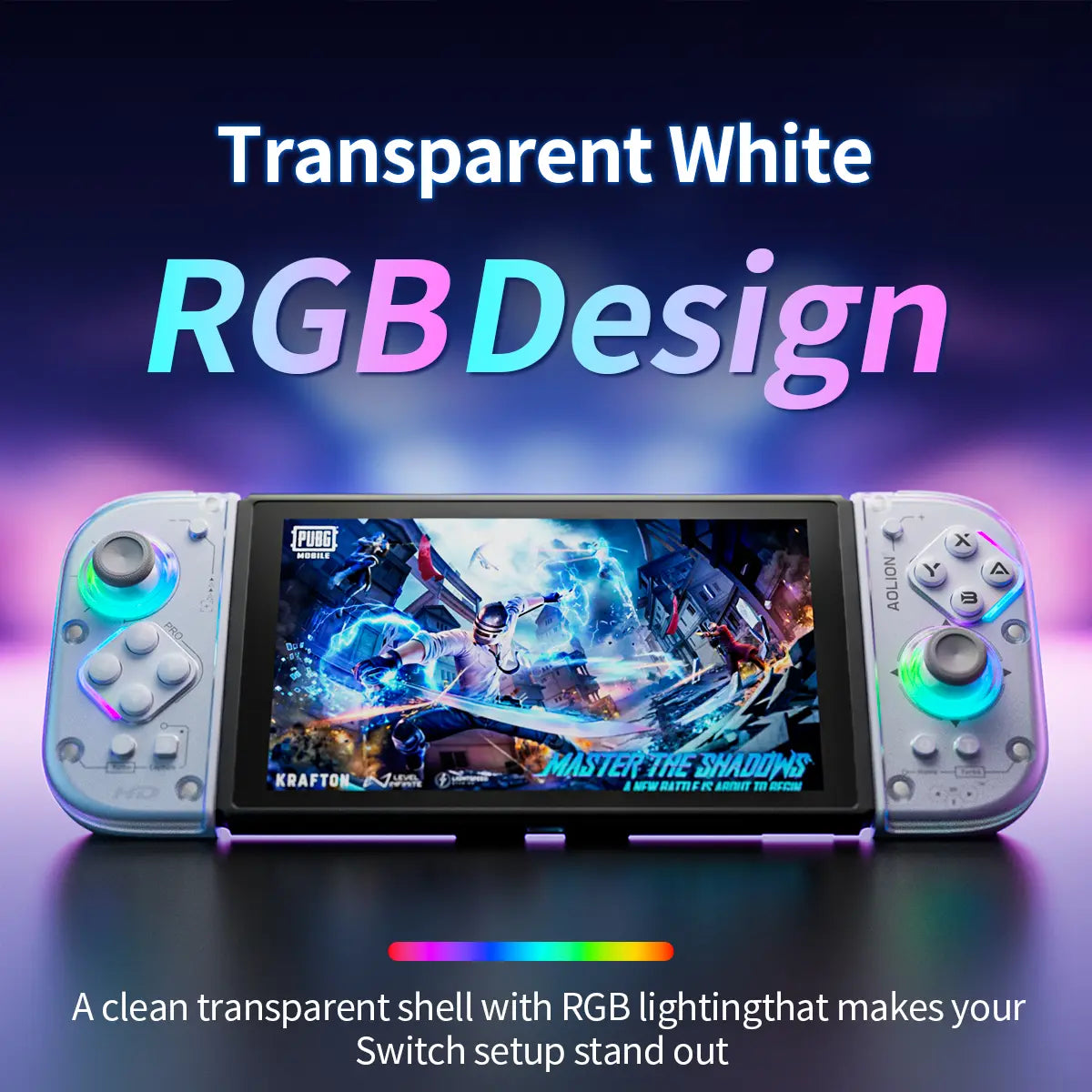 AOLION J20 Detachable Wireless RGB Game Controller for Switch - Hall Effect Joysticks, Ergonomic Grip, Clicky Buttons, Motion Control, Turbo, Adjustable Vibration, Custom Shell, Bluetooth, Cable, Storage Case, Switch Gaming Accessory