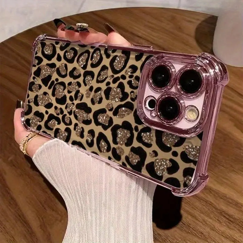 Leopard Print Electroplated Phone Case for Iphone.Compatible with Iphone 17 Pro Max, 17 Air, 16 15 Plus, 14, 13, 12, 11, the Back Panel Features a High-Gloss Finish with Vibrant Colors. Lotus Design