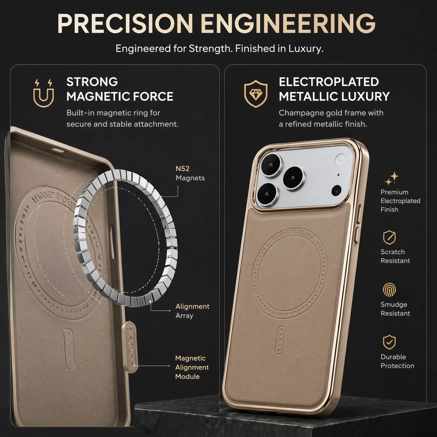 Compatible with Phone 17/16/15 Pro Max Magnetic Leather Case, Premium PU Leather Slim Protective Cover with Strong Magnetic Lock, Shockproof Camera Protection, Anti-Fingerprint, Wireless Charging Compatible, Desert Brown