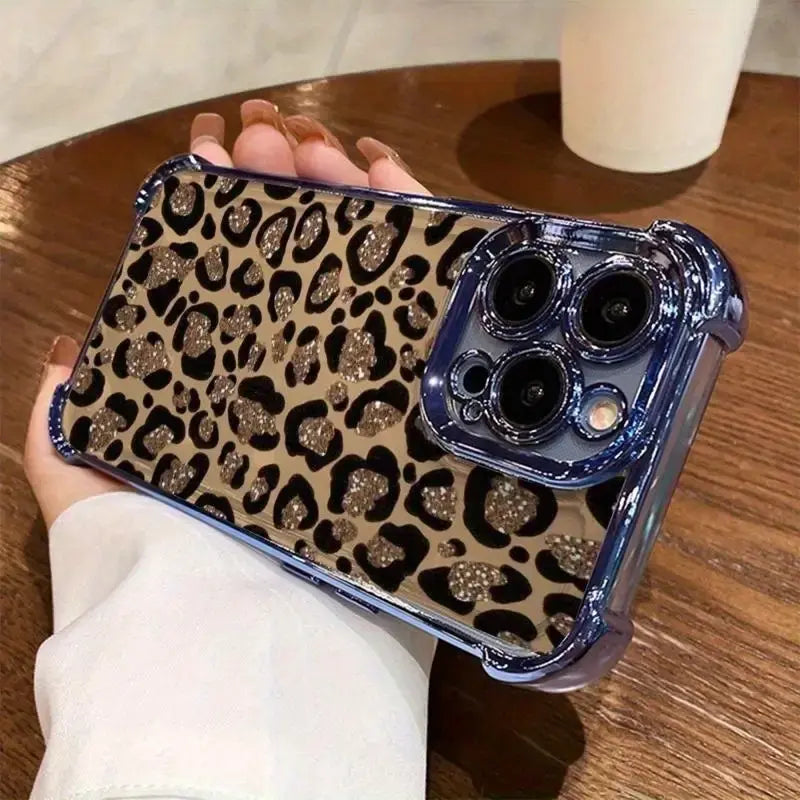 Leopard Print Electroplated Phone Case for Iphone.Compatible with Iphone 17 Pro Max, 17 Air, 16 15 Plus, 14, 13, 12, 11, the Back Panel Features a High-Gloss Finish with Vibrant Colors. Lotus Design
