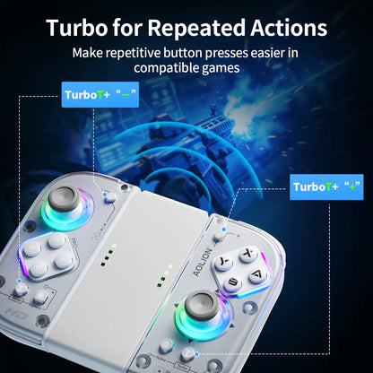 AOLION J20 Detachable Wireless RGB Game Controller for Switch - Hall Effect Joysticks, Ergonomic Grip, Clicky Buttons, Motion Control, Turbo, Adjustable Vibration, Custom Shell, Bluetooth, Cable, Storage Case, Switch Gaming Accessory