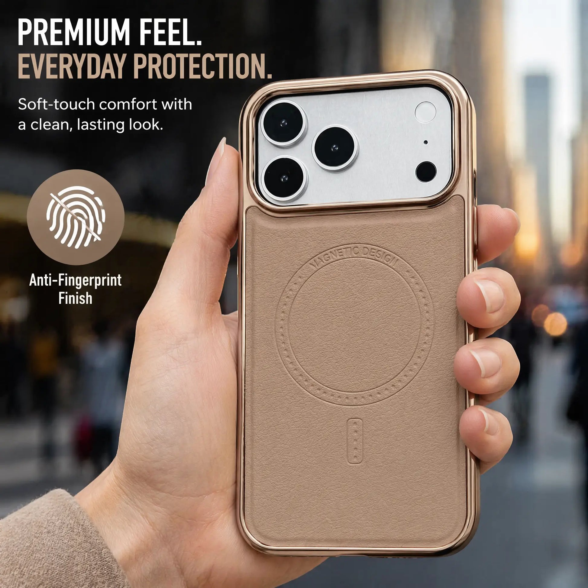 Compatible with Phone 17/16/15 Pro Max Magnetic Leather Case, Premium PU Leather Slim Protective Cover with Strong Magnetic Lock, Shockproof Camera Protection, Anti-Fingerprint, Wireless Charging Compatible, Desert Brown