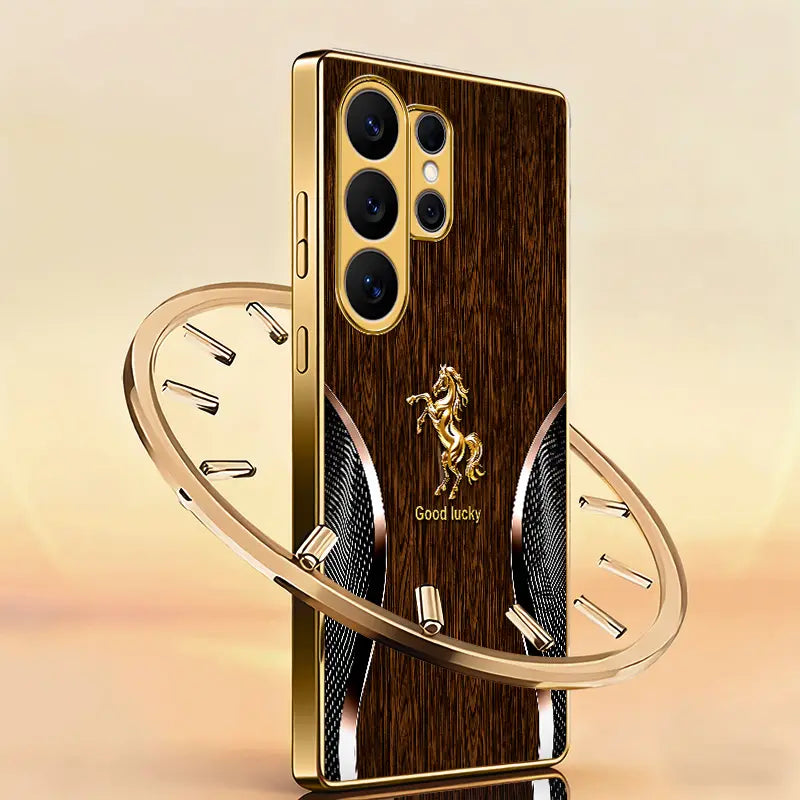 Phone Case - Wooden Background with Curved Golden Horse, Aesthetic High-End Personalized Pattern Plated Glass Phone Case for Samsung Galaxy S26/S25/S24/S23 a Series and Iphone 17/16/15/14/13/12/11, Fashionable Aesthetic 995