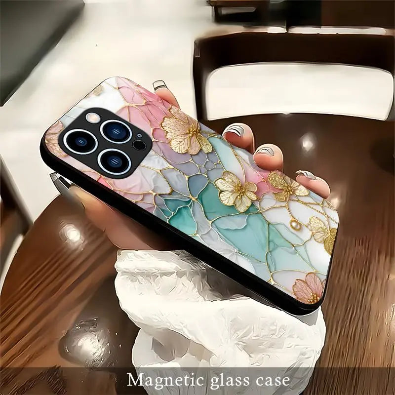 Luxury Stained Glass Floral Magnetic Phone Case for Iphone 17/16/15/14/13/12 (Pro/Max/Plus) | Aesthetic Flower Shockproof Clear Cover Compatible with Magsafe — 975