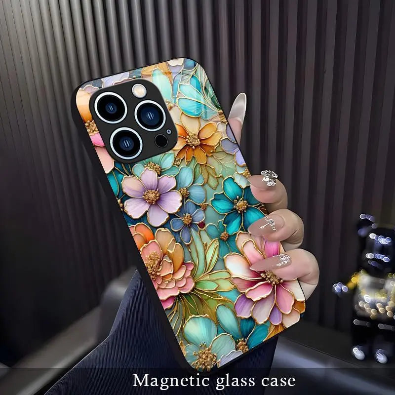 Luxury Stained Glass Floral Magnetic Phone Case for Iphone 17/16/15/14/13/12 (Pro/Max/Plus) | Aesthetic Flower Shockproof Clear Cover Compatible with Magsafe — 975