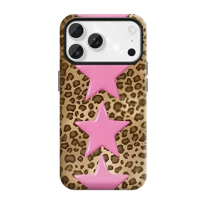 Leopard Print, Pink Stars, Suitable for Iphone17 Pro Max, 17Pro, 16Pro, 15, 14, 13, 12. Beautiful Phone Case | Shockproof Protective Case | Smart Phone Case, a Gift for Girls